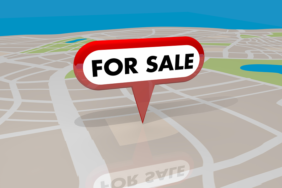 simulated Google map with Home for Sale sign over a corner lot